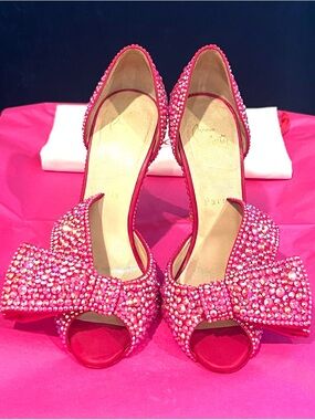 Christian Louboutin Swarovski Crystal Strass Heels With Bow Magenta Pink 36 🎀
